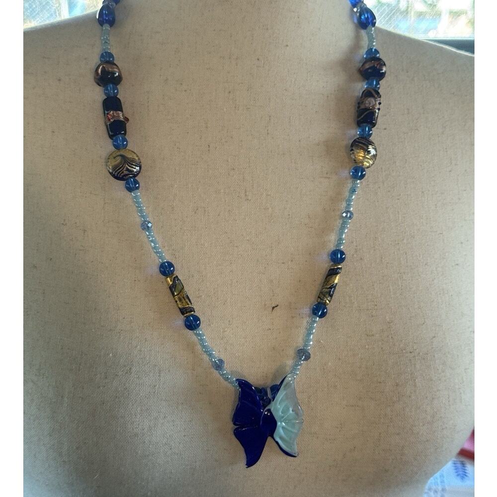 Art Glass Pendant Necklace Butterfly Blue Artisan Blue gold Beads 28”